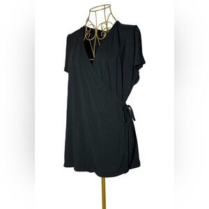 Eileen Fisher Drapey Black Wrap Top in Silky Soft Tencel with Short Sleeves, L